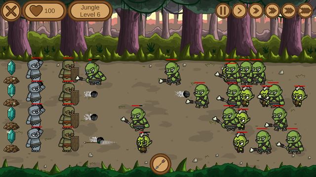 A line of golems in the jungle holds back a horde of goblins