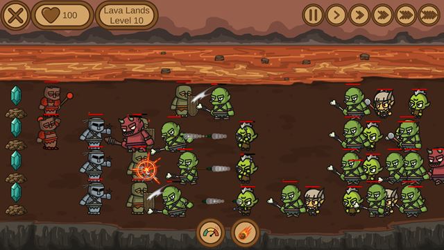 Golems clash with a goblin army beside a river of lava in the Lava Lands