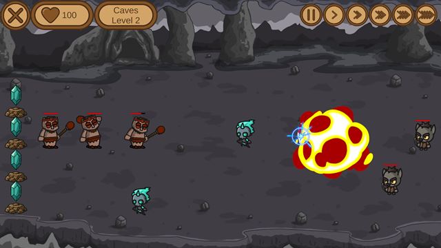 A huge fiery explosion tears through goblins in a dark cave