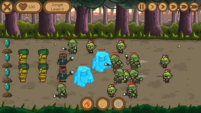 Ice spells freeze goblins in place while golems hold the jungle line
