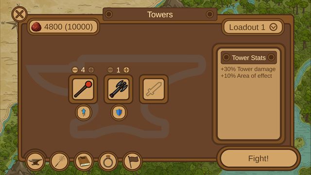 Forging towers in the loadout screen, with upgrades and tower stats