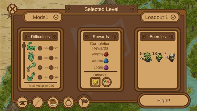 Picking difficulty modifiers, rewards and enemies for the selected stage