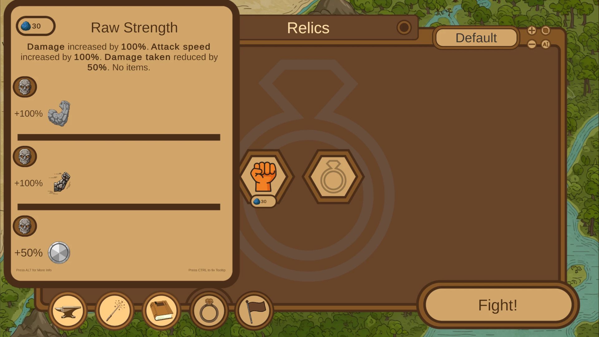 Bảng Relics mở mô tả Raw Strength bên trái, với biểu tượng nắm đấm màu cam ở giữa giao diện Anvira Forge Defense.