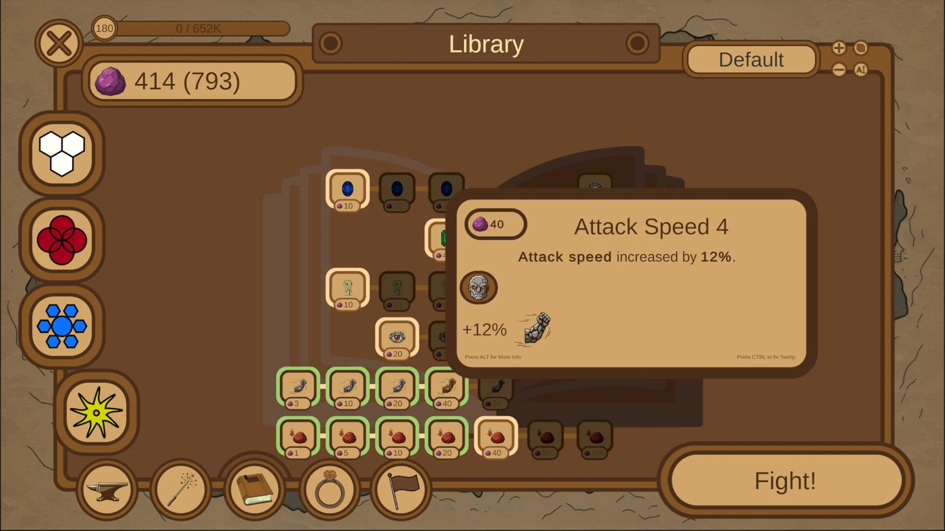 Cây kỹ năng Library mở bảng Attack Speed 4 với dòng tăng 12% tốc độ đánh trong Anvira Forge Defense.